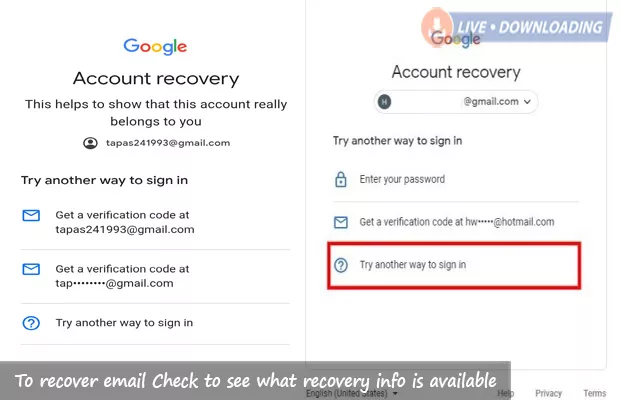 To recover email Check to see what recovery info is available - Livedownloading