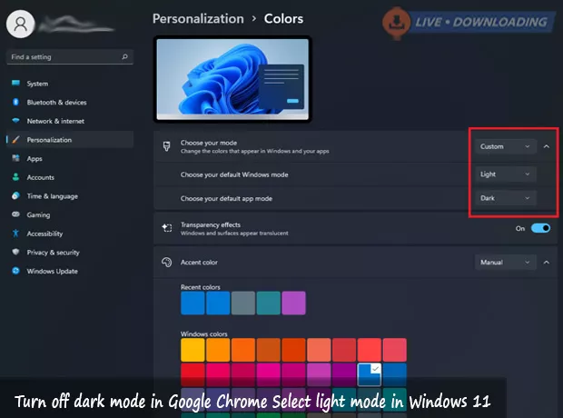 Turn off dark mode in Google Chrome Select light mode in Windows 11